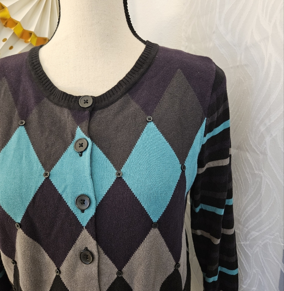 Peck & Peck | Argyle And Striped Cardigan With Bu… - image 2